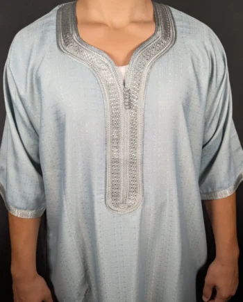 Gandoura homme bleu clair avec broderies argentées