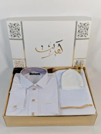 Coffret cadeau pour homme contenant un qamis blanc, Shemagh blanc, chachia blanche, musc et siwak